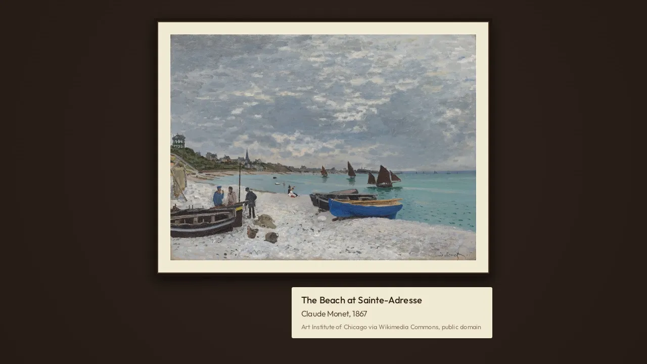 Art mode: Monet's The Beach at Sainte-Adresse in a frame with an ivory mat on a walnut wall, with a plaque