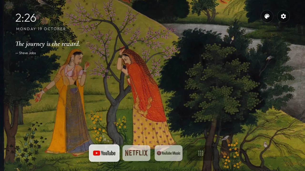 Home on a Pahari miniature of Radha, with white ink and a dock of YouTube, Netflix and YouTube Music