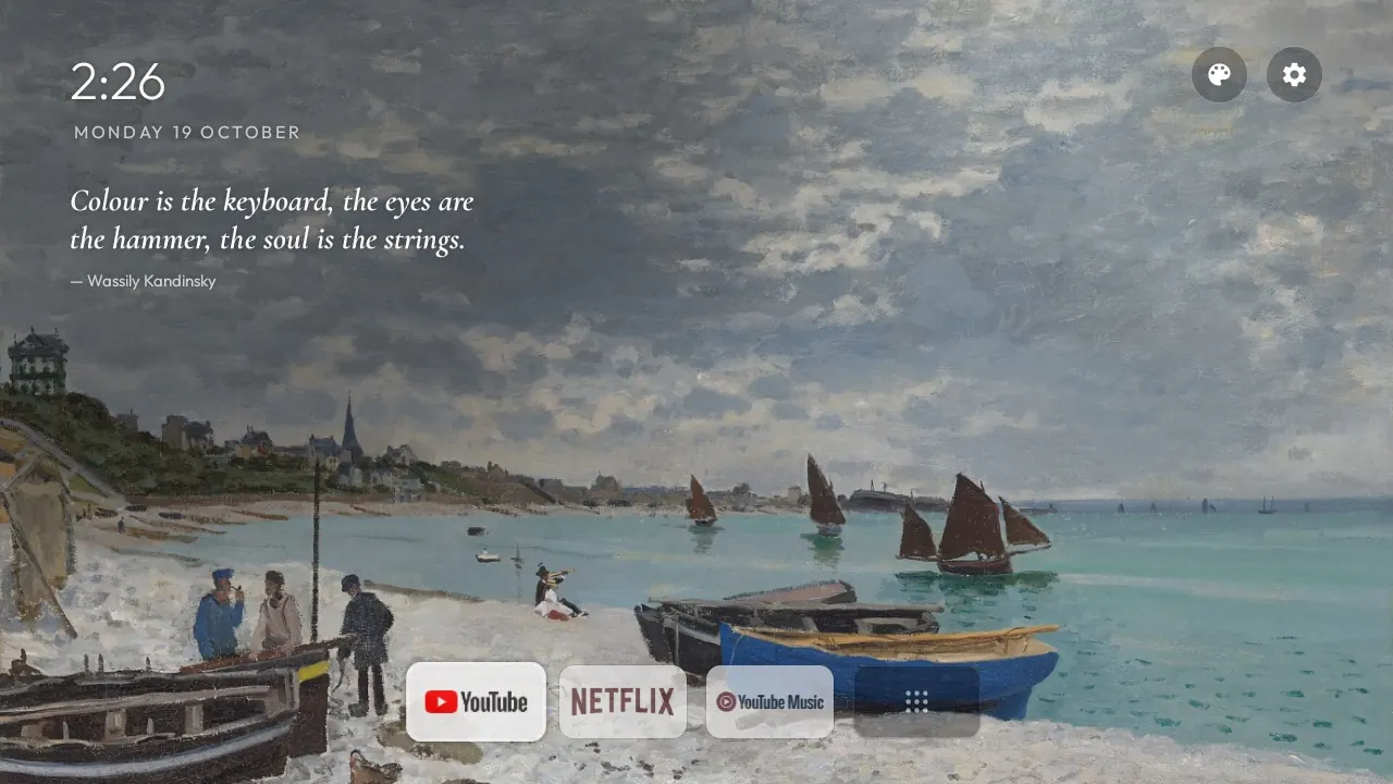 tv-home on Monet's The Beach at Sainte-Adresse: a small clock, a quote, and a dock of YouTube, Netflix and YouTube Music