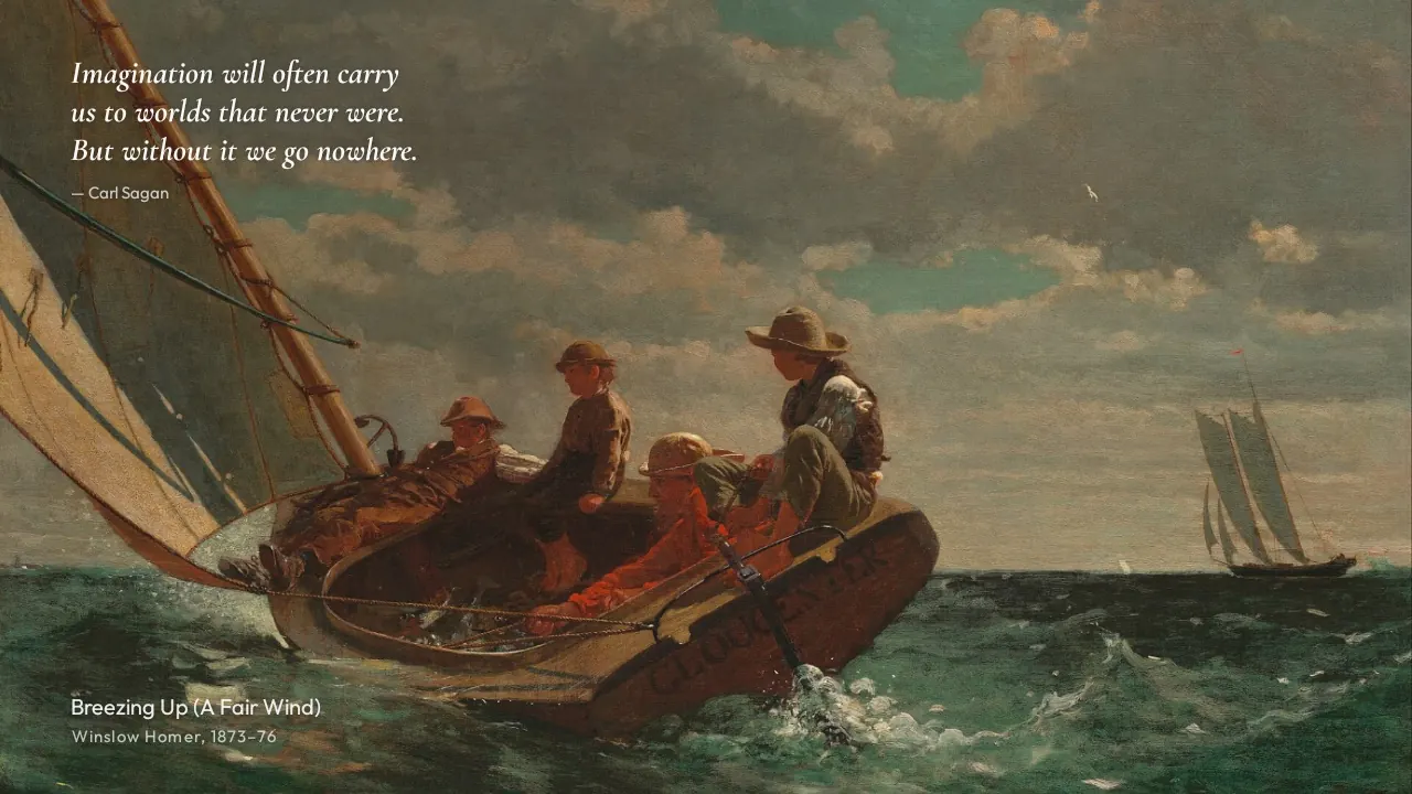 Screensaver: Winslow Homer's Breezing Up, with a quote and the painting's title, artist and year